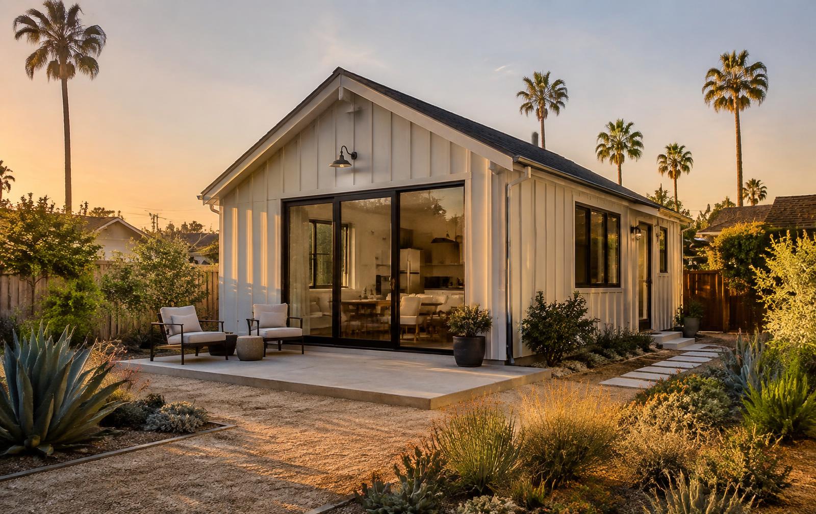 Modern detached ADU backyard cottage in Los Angeles at sunset